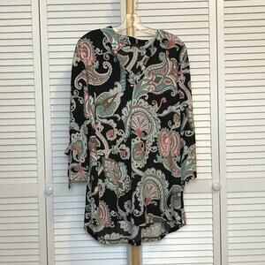Lildy Multicolor Paisley V-Neck 3/4 Split Sleeve Stretch Women Blouse L-XL